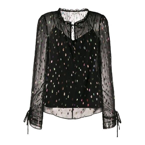 Diane Von Furstenburg DVF Lilian Metallic Dot Long Sleeve Sheer Blouse - Picture 2 of 12